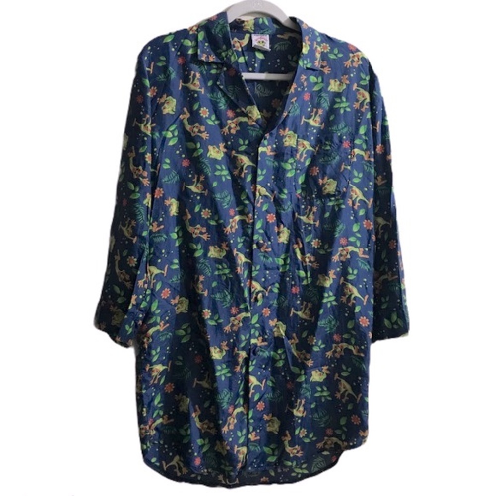 Rain Forest Frog Print Tunic Top Shirt Souvenir Button Down Amphibian Sz Medium